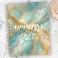 Elegant Glam Luxury Aquamarine Marble Gold Glitter Planner