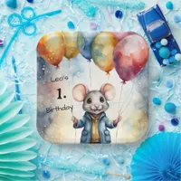 Cute mouse with colorful balloons, personalizable  paper plates