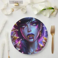 Vampire with Gold Eyes and Teeth Halloween Paper Plates