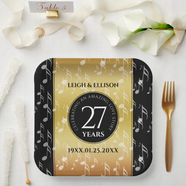 Elegant 27th Music Wedding Anniversary Celebration Paper Plates