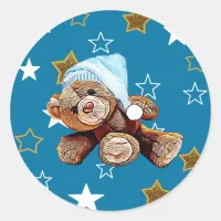 Blue and Gold Stars Teddy Bear Baby Shower Sticker