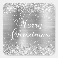 Glittery Silver Foil Merry Christmas Square Sticker