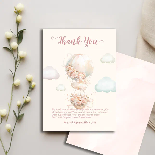 Fairy Hot Air Balloon With flowers Baby Shower Thank You Card