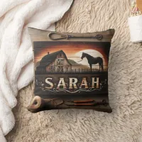 Custom Wooden Sign With Horse and Barn in Sunset Throw Pillow