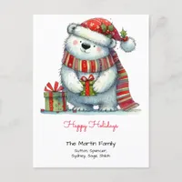 Whimsical Polar Bear in a Santa Hat Happy Holidays Postcard