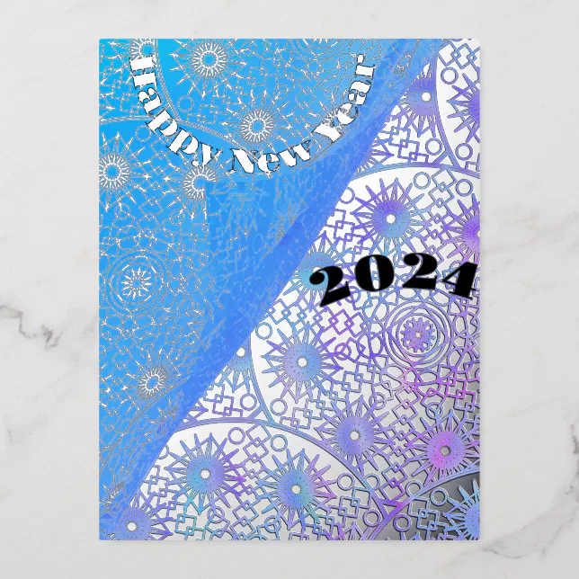 Blue veil and silver pattern 2024 - ghappy new yea foil holiday postcard