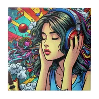 Girl Listening to Music on Headphones Psychedelic Ceramic Tile