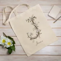 Elegant Floral 'J' Botanical Monogram Custom Name Tote Bag