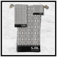 Stylish Black & White Geometric Pattern Monogram Bath Towel Set
