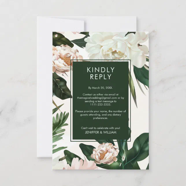 Peach White Peonies & Green Leaves Floral Wedding RSVP Card