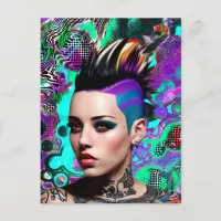 Mohawk Punk Girl Abstract Art Postcard