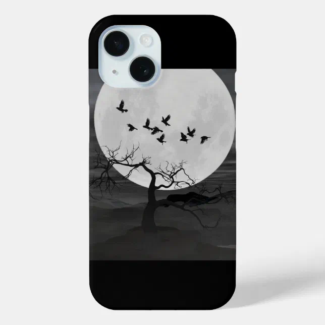 Spooky Ravens Flying Against the Full Moon iPhone 15 Case