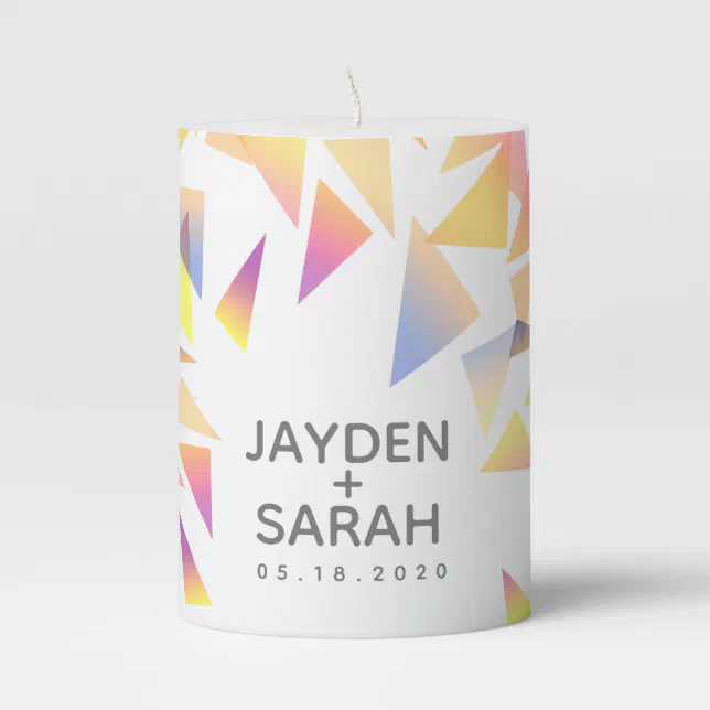 Pastel Triangle Confetti on White Wedding Pillar Candle