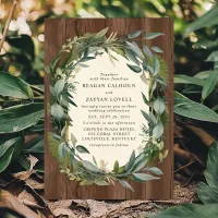 Greenery Wreath and Wood Rustic Nature Wedding Invitation