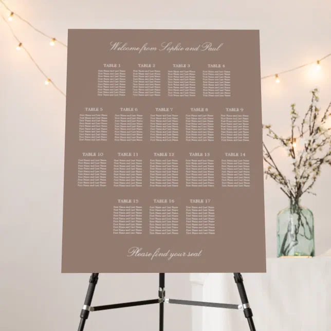 Taupe 17 Table Wedding Seating Chart Foam Board