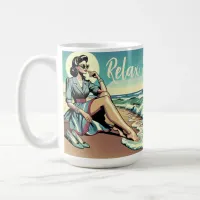 1950's Retro Woman Sitting on the Beach Coffee Mug