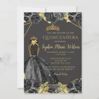Elegant Black Gold Floral Princess Quinceañera Invitation