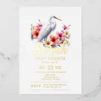 Tropical Egret Bird Coastal Baby Shower Foil Invitation