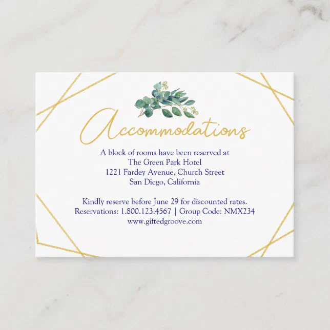 Simple Eucalyptus Greenery Navy Blue and Gold Enclosure Card