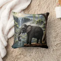 Majestic Elephant Drinking at Serene Waterfall Throw Pillow