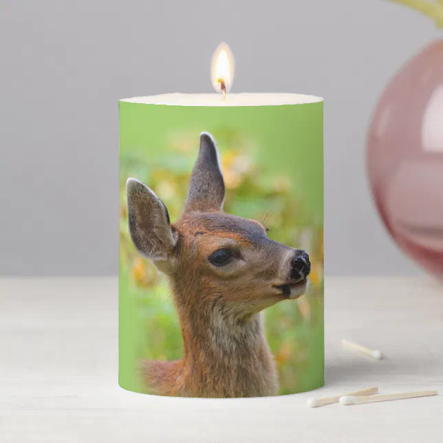 Vignetted Portrait of Smiling Blacktail Deer Fawn  Pillar Candle