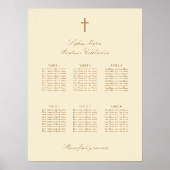 Cream Beige 6 Table Baptism Seating Chart Poster