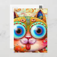 Colorful Fantasy Cat sticking out its Tongue Postcard