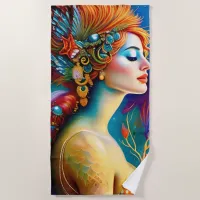 The Colorful Mermaid AI Art Portrait Beach Towel