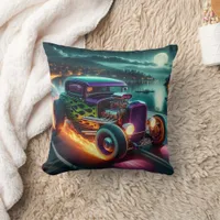 Night cruising in a classic hot rod throw pillow