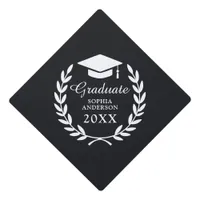 Black Custom Laurel Wreath Grad Name & Year Emblem Graduation Cap Topper