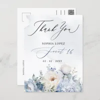 Elegant Dusty Blue Floral Sweet 16 Thank You Postcard