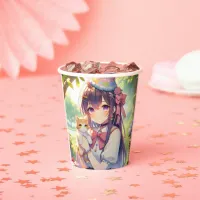 Pretty Anime Holding Kitten Girl's Birthday Paper Cups