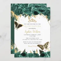 Emerald Green Gold Floral Butterfly Quincea&#241;era  Invitation