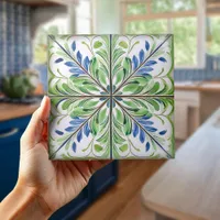 Painted Floral Tile Pat#14 Blue Green ID1078