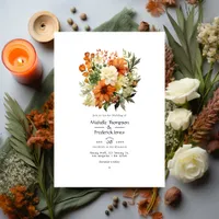 Burnt Orange, Cream and Moss Green Floral Wedding Invitation