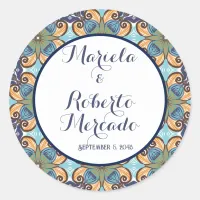 Elegant Mexican Floral Talavera Wedding  Classic Round Sticker