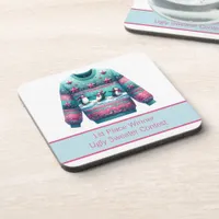 1st Place Winner Ugly Sweater Contest Pink Teal Beverage Coaster