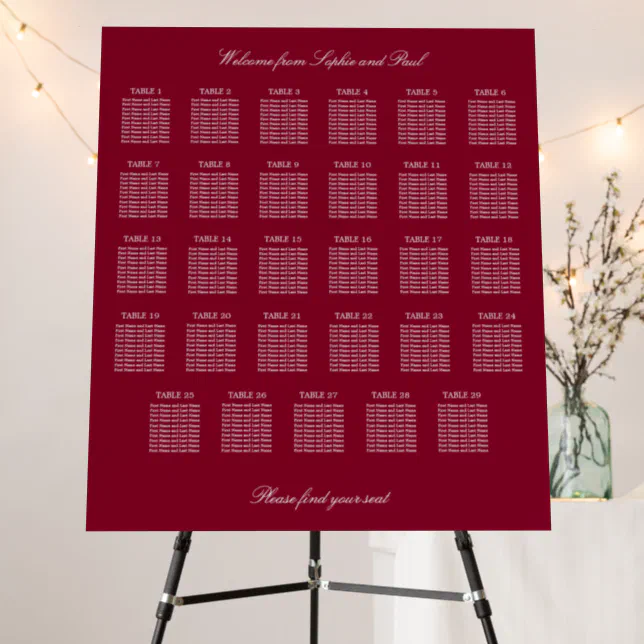 Burgundy 29 Table Wedding Seating Chart Foam Board