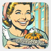 Retro Mom with Tray of Pumpkin Seeds Halloween Square Sticker