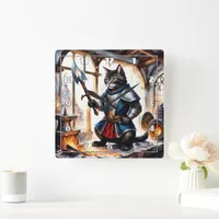 Armored Cat Holding Spear in Blacksmith Workshop Square Wall Clock