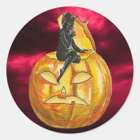 Vintage Black Devil on Jack o' Lantern Classic Round Sticker