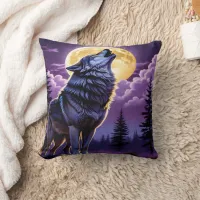 Wolf Howling Under Full Moon.  Throw Pillow