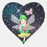 Whimsical Little Elf Fairy, Mushroom and Butterfly Heart Sticker