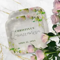 Charming Watercolor Pink Roses Quincea&#241;era Paper Plates