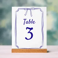 Modern Simple Bow Wedding Navy Blue Table Number Acrylic Sign