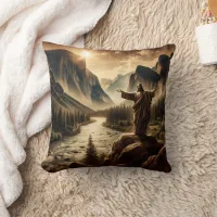 Jesus Overlooking Majestic Mountain Landscape Throw Pillow