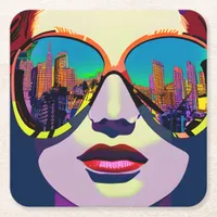 Abstract Woman in Sunglasses with City Reflection  Square Paper Coaster