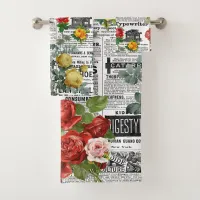 * AR23 Floral Flower Vintage Newsprint Newspaper Bath Towel Set