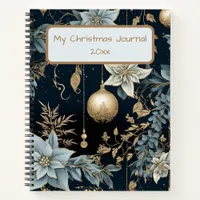 Blue and Gold Christmas Ornaments Poinsettias Notebook