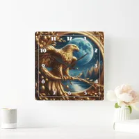 Golden Eagle Perched by Moonlit Lake at Night Square Wall Clock